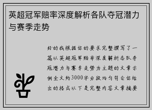 英超冠军赔率深度解析各队夺冠潜力与赛季走势